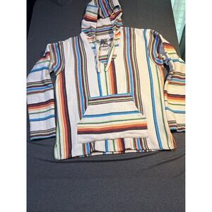 Original Senor Lopez Mens Large Baja Hoodie Multi Color Striped Mexican Poncho